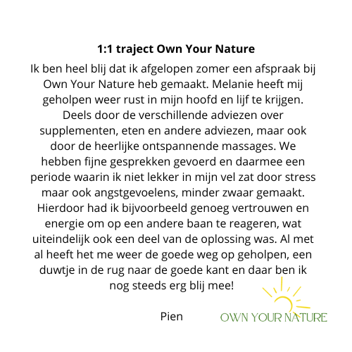 Tekstuele getuigenis over Own Your Nature, met een logo van een zon.