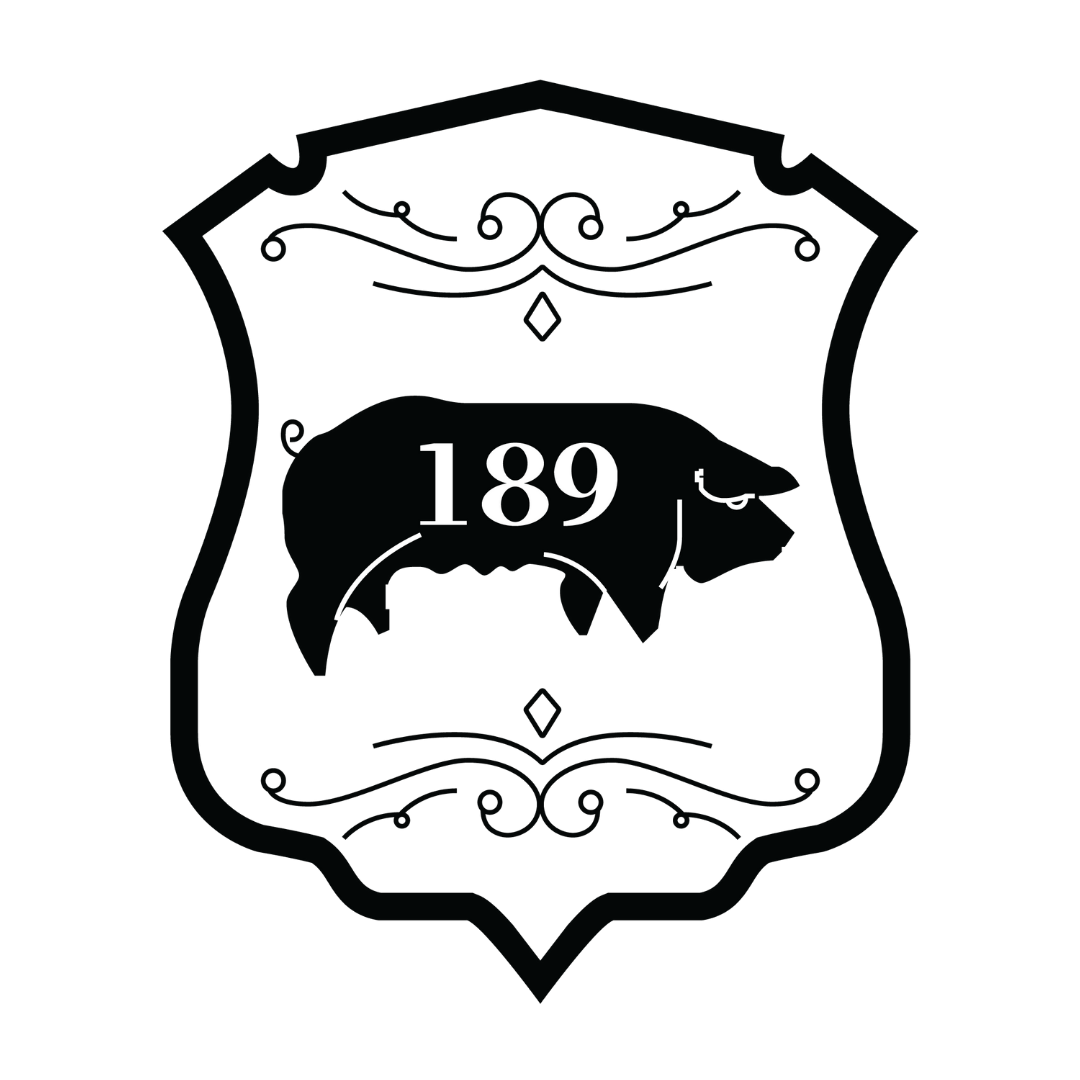 A black and white logo featuring a pig silhouette with the number 