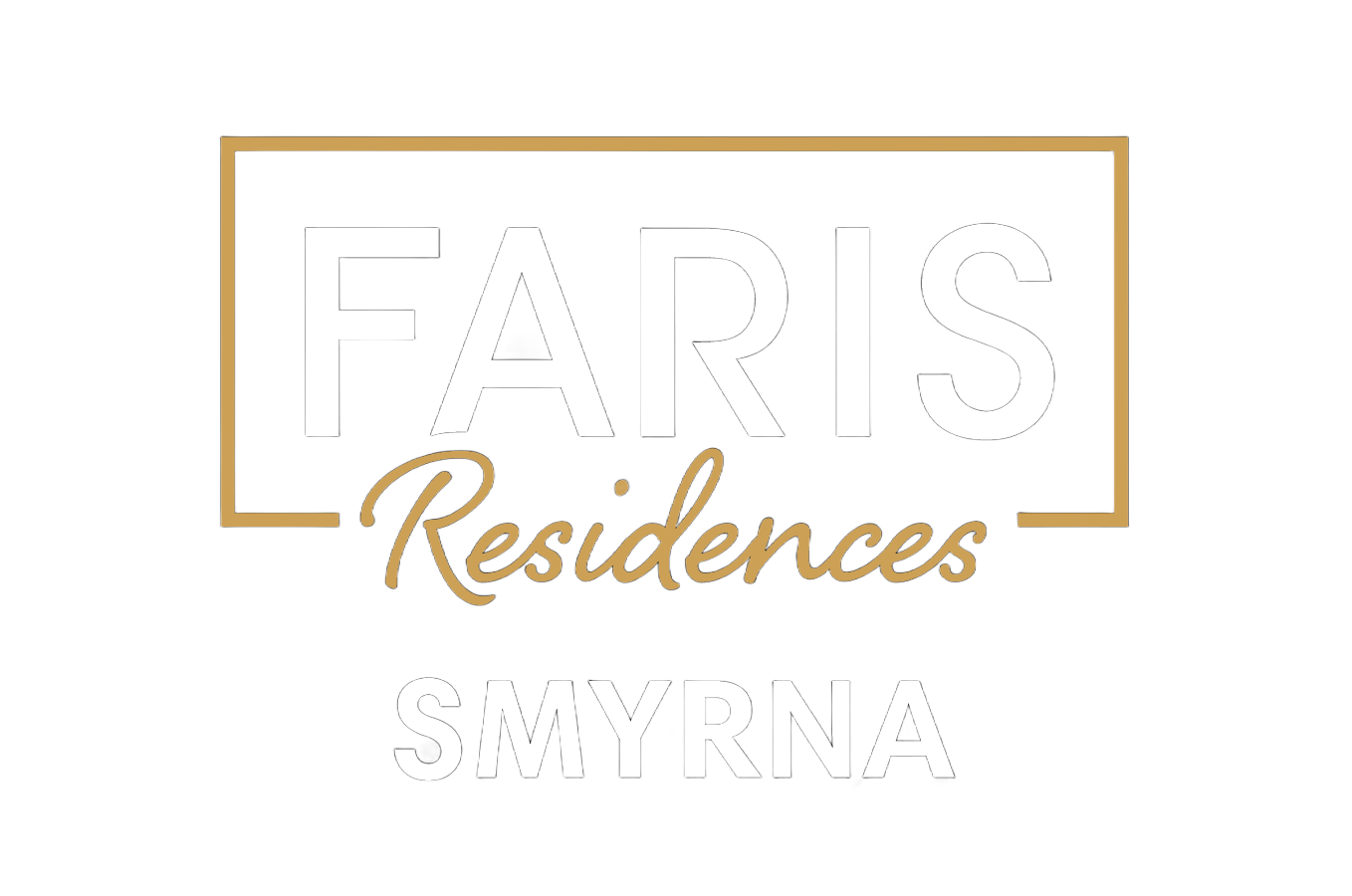 Faris Residences Smyrna logo in white and gold text with a gold rectangular border