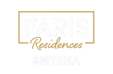 Faris Residences Smyrna logo in white and gold text with a gold rectangular border