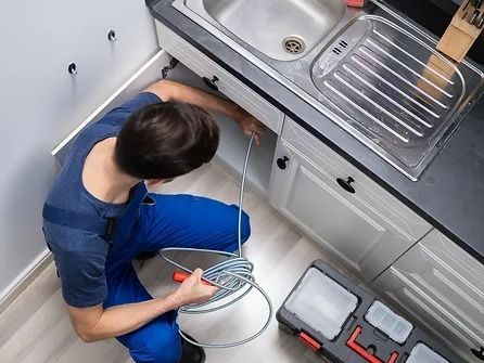 A man is fixing a sink in a kitchen with a hose.