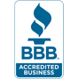 A blue and white bbb accredited business logo