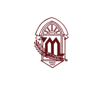 Maroon monogram crest logo with an ornate arch and wreath accents on a white background
