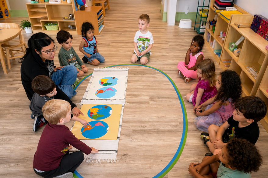 Children working with a Montessori continent activity in a classroom at Montessori Oaks preschool