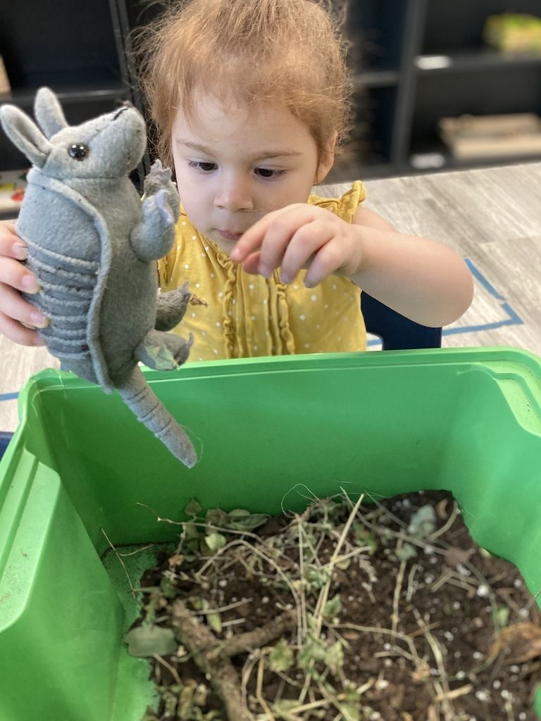 Child in a yellow shirt examining a gray plush mouse over a green bin of soil and twigs