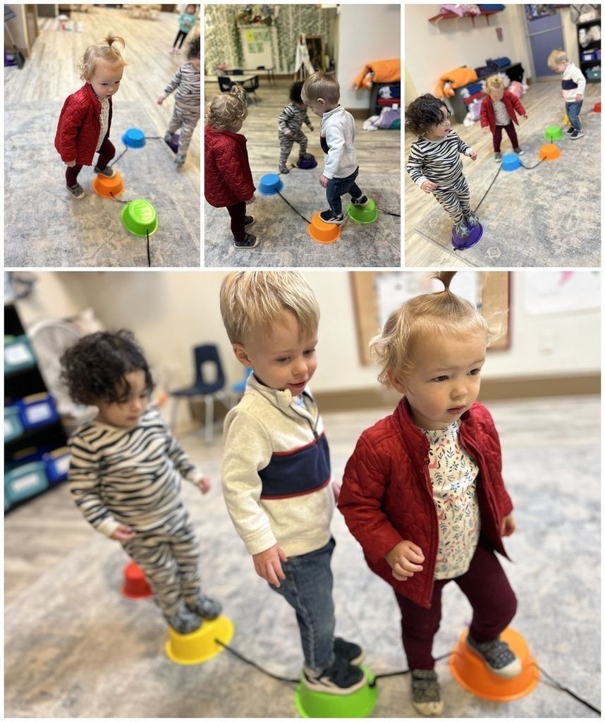 Toddlers balancing on colored stepping stones in an indoor playroom, with a collage of action shots.