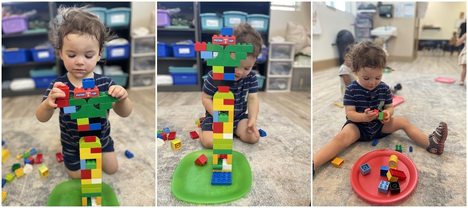 Child playing with colorful stacking blocks on a carpet, building towers and sitting beside a red toy bowl.