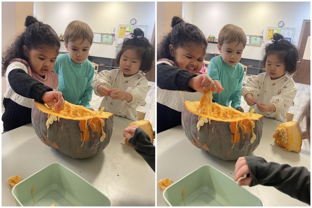 Children mixing orange slime in a bowl at a table, with spills and a tray nearby.