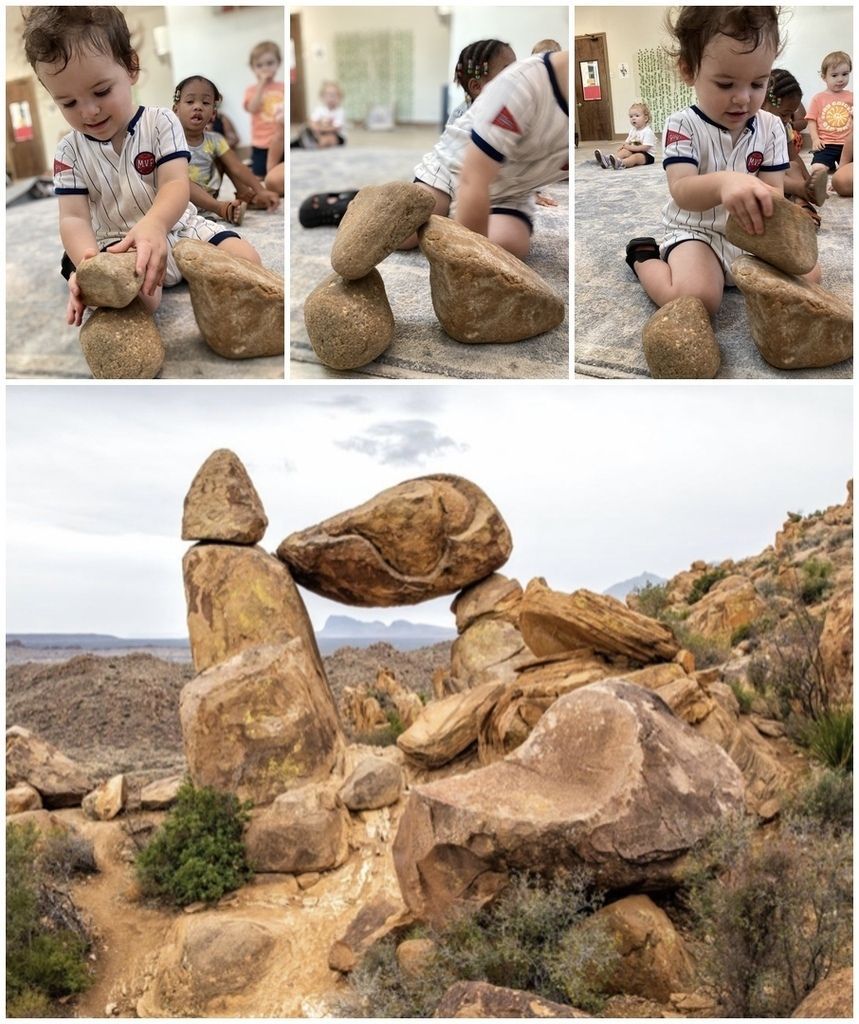 Collage of a child stacking rocks, with a larger balanced rock formation on a rocky shoreline