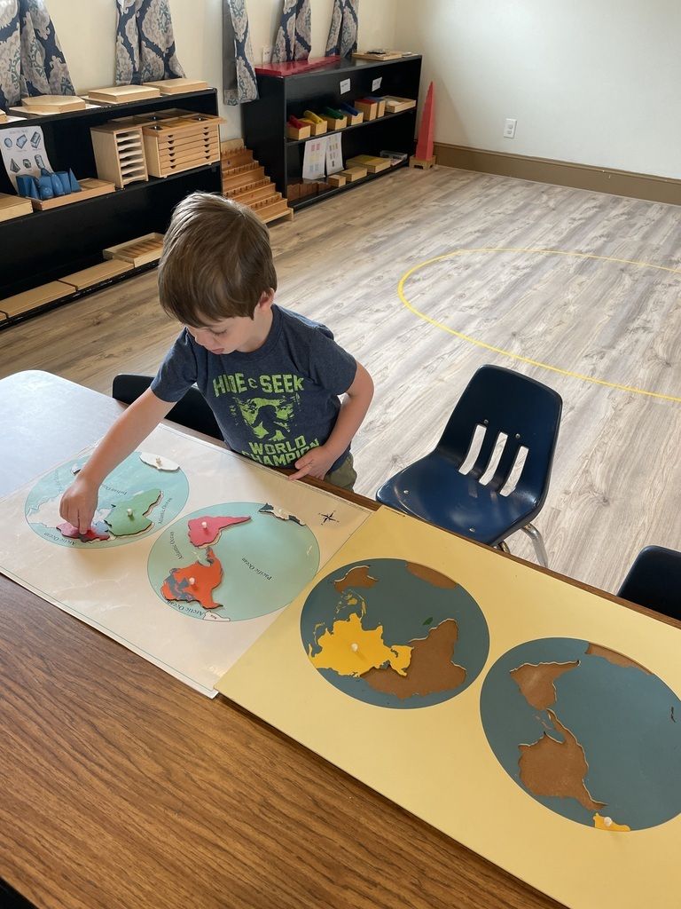 Child reaching for leaf shapes on a classroom table with colorful paper trees.