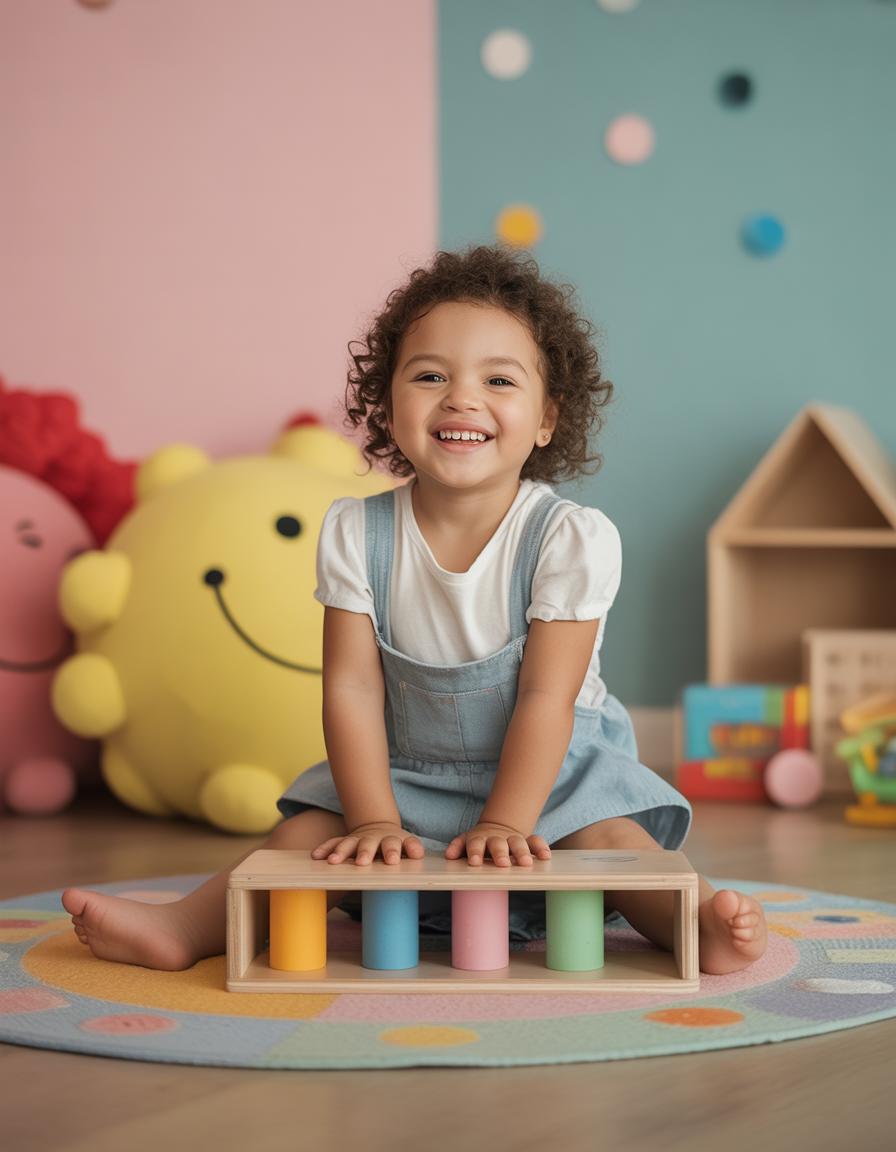 criança se divertindo com brinquedo educativo e ecológico 