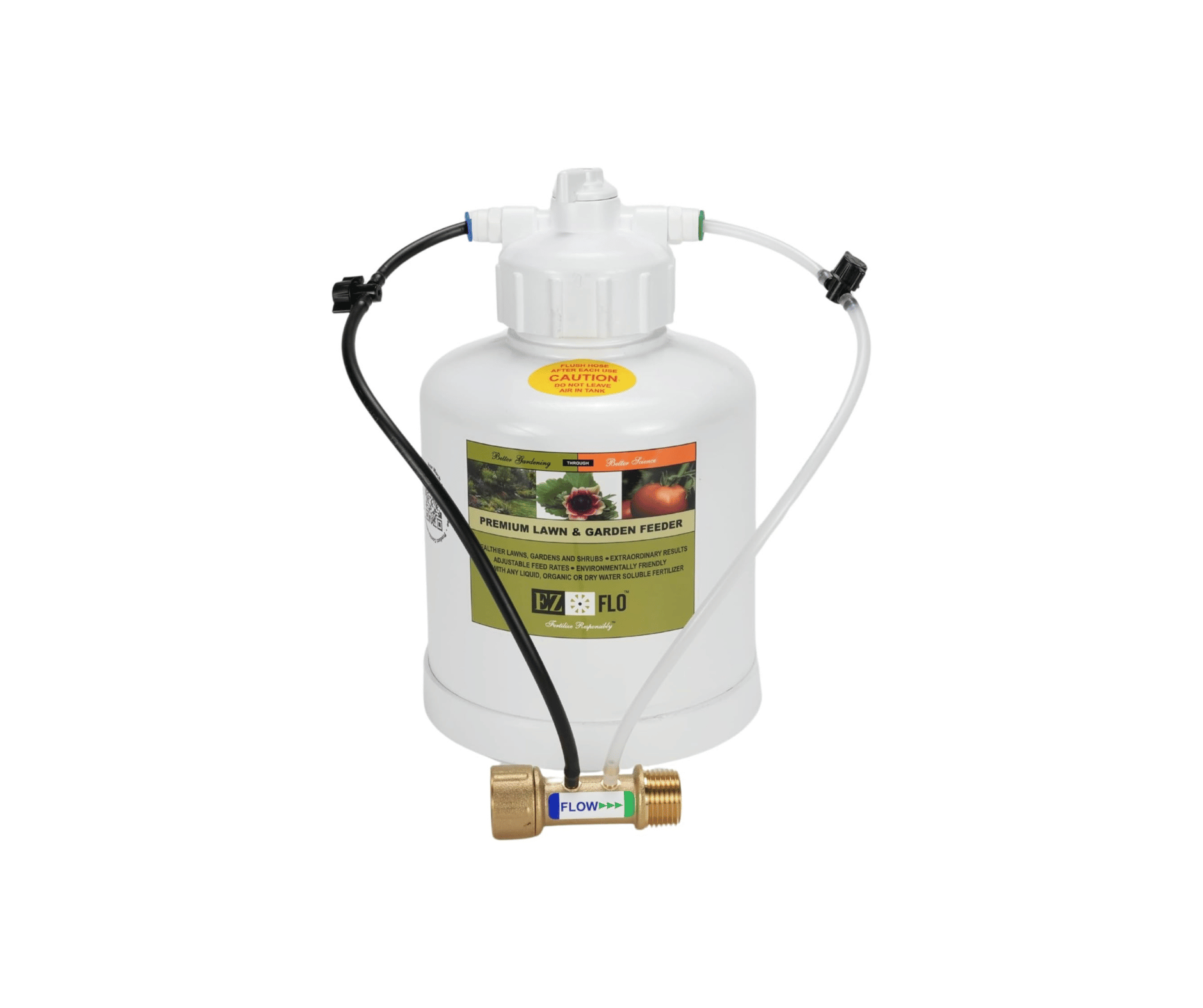 White fertilizer injector with black and white tubing, and brass fitting