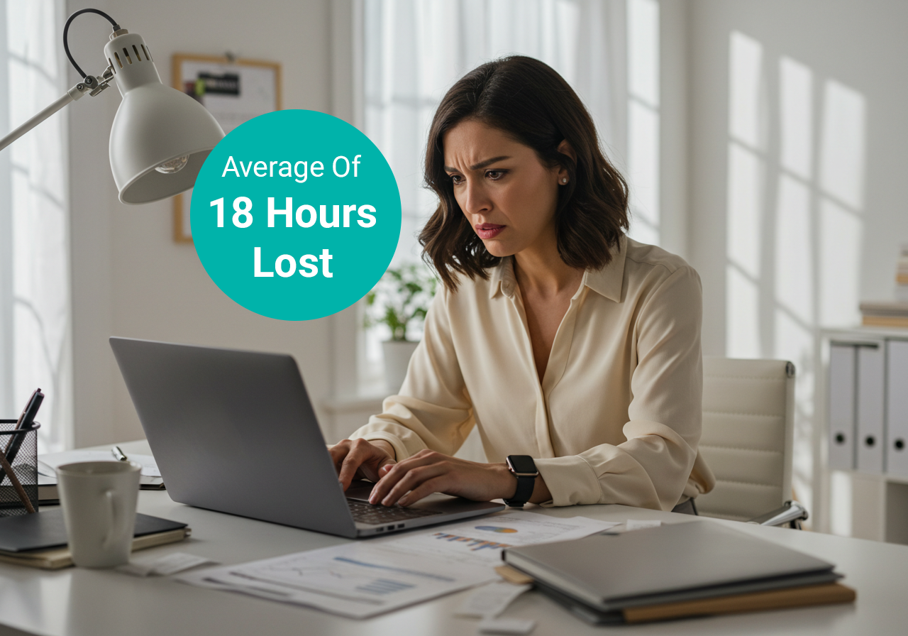 Woman looking worried, working on laptop at desk, with text: