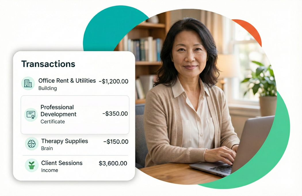 Woman using laptop next to a financial transactions display. Bright green and orange accents, indoor setting.