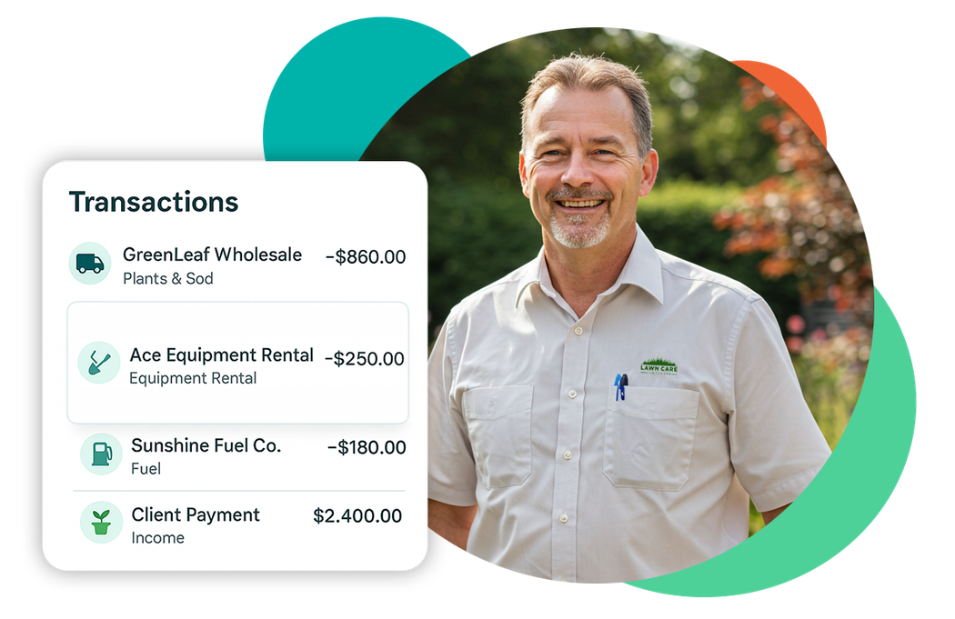 Man smiling, with a transactions list overlaid.