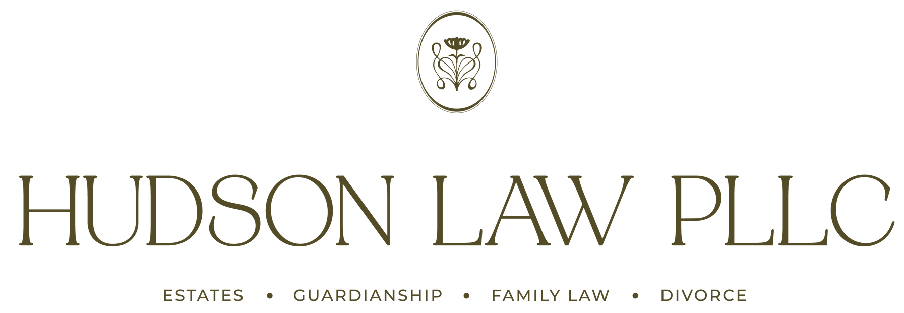 Hudson Law PLLC logo with a circular emblem above the text. Services: Estates, Guardianship, Family Law, and Divorce.