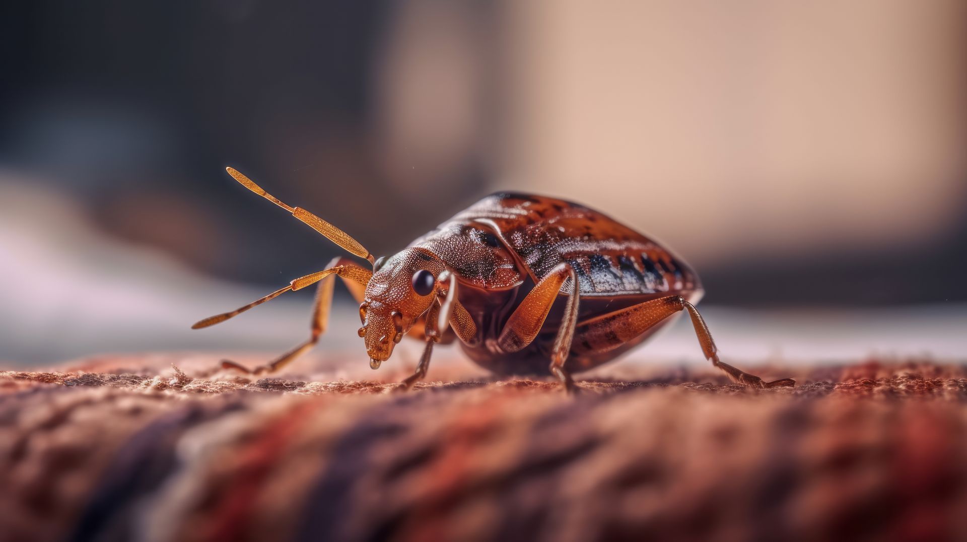 Brown bed bug on textured fabric, viewed close up with blurred background
