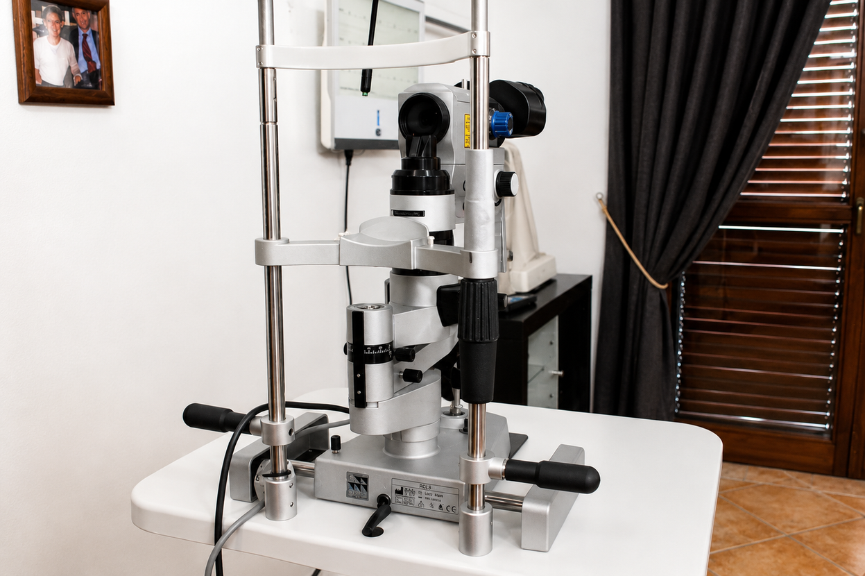 Lampada a fessura per esame oculistico su un tavolo in uno studio medico, con sedia e tende nelle vicinanze.