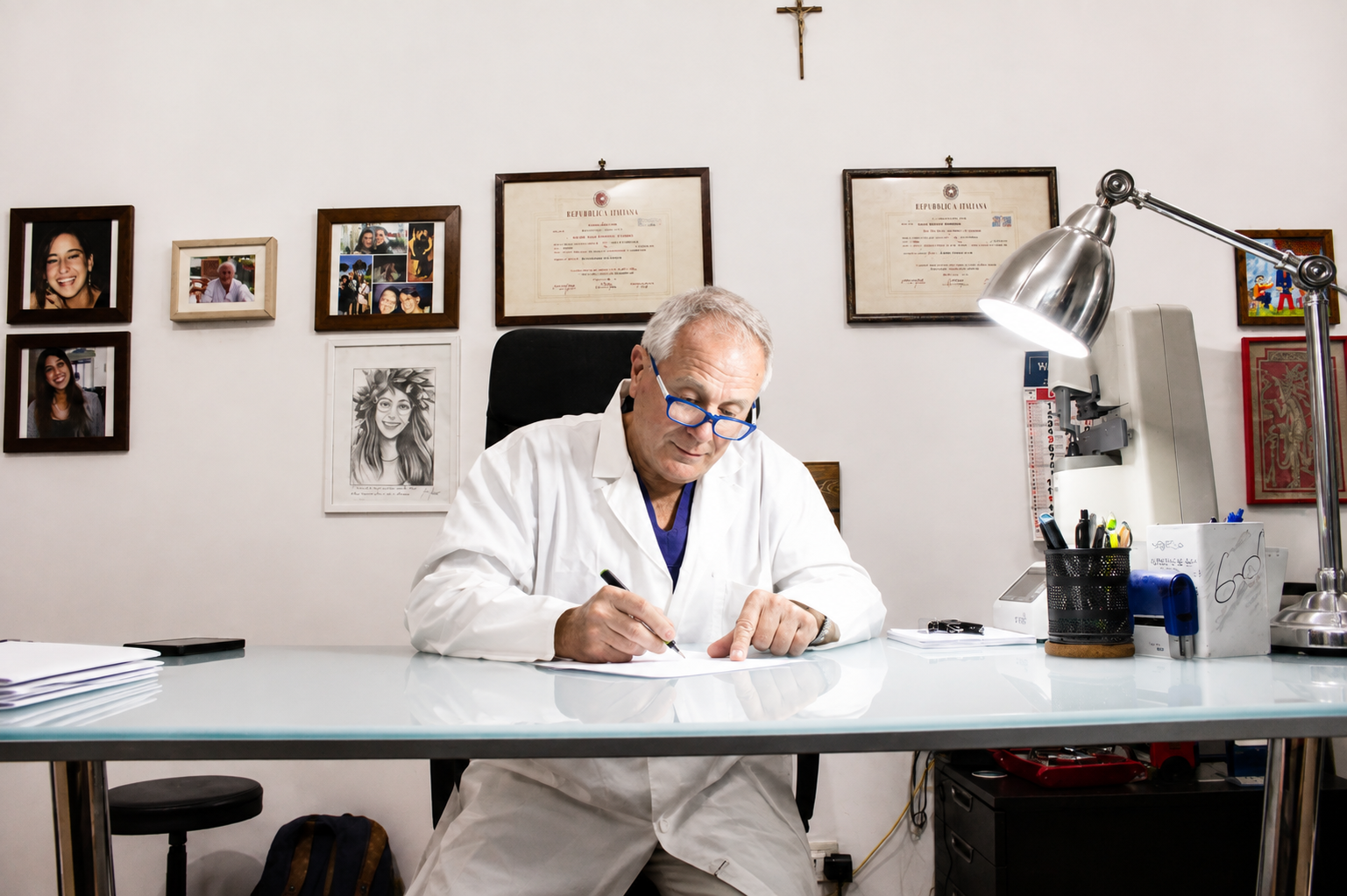 Un medico in camice bianco scrive a una scrivania in un ufficio incorniciato, con una lampada e certificati medici appesi al muro.