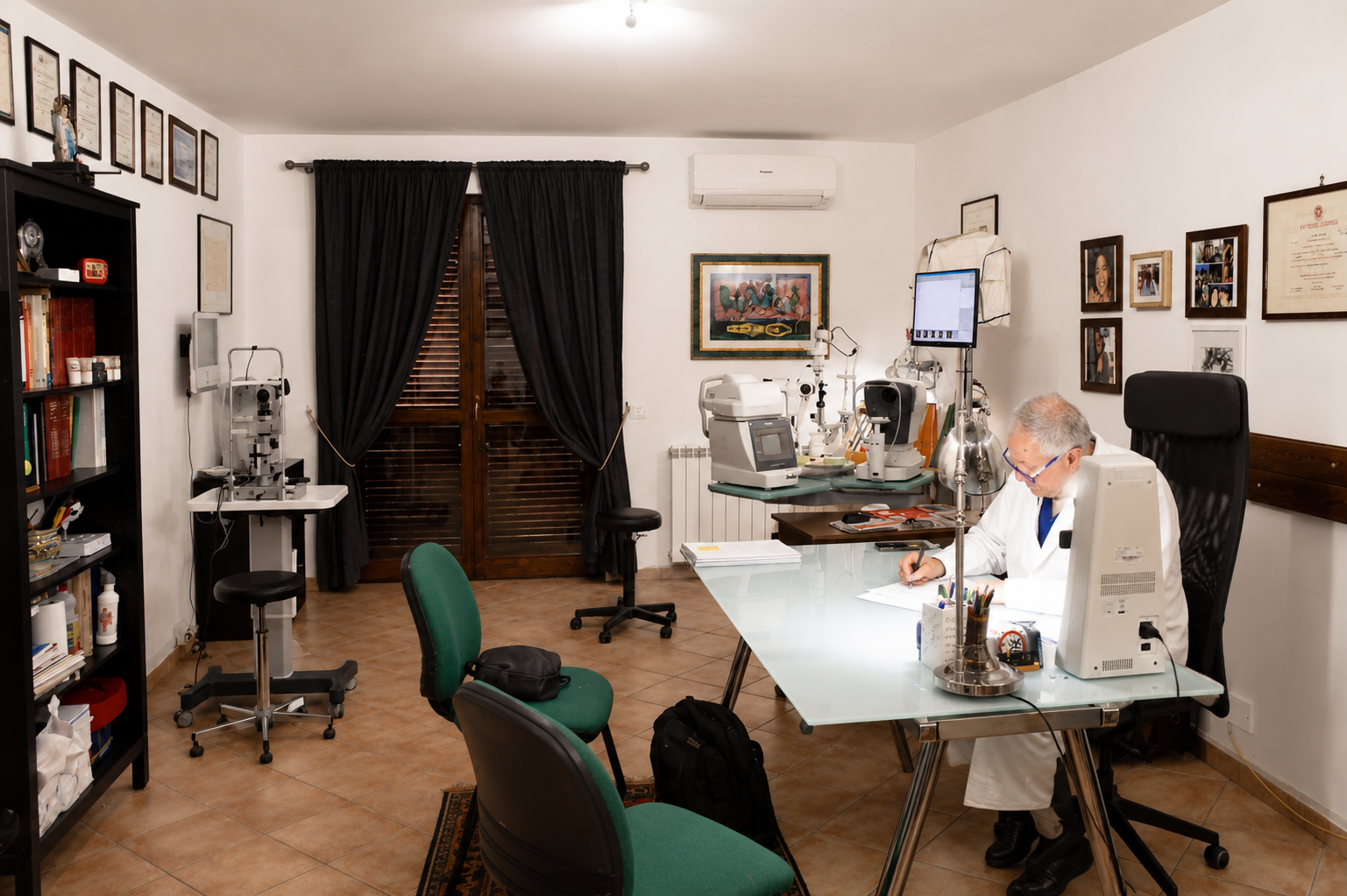 Una persona in camice bianco lavora a una scrivania in un ufficio disordinato, pieno di sedie, scaffali e quadri.