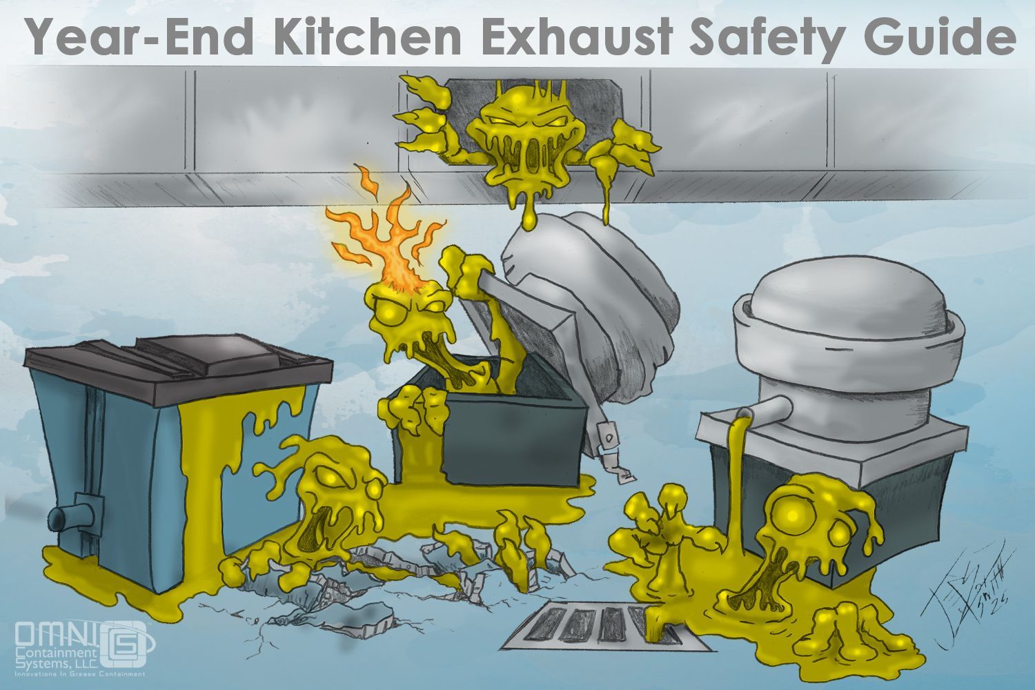 Illustration: kitchen equipment overtaken by yellow, gloopy substance with flaming head, suggesting hazards.