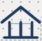 Blue house icon with three columns and a slanted roof on a light dotted background