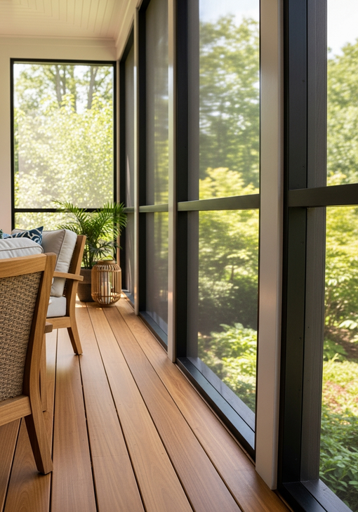 Sunlit wooden porch with wicker chairs and large glass doors overlooking green trees