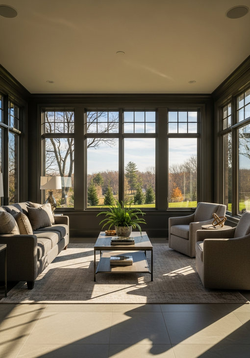 Sunlit modern living room with large windows, sofas, armchairs, and a coffee table overlooking a garden