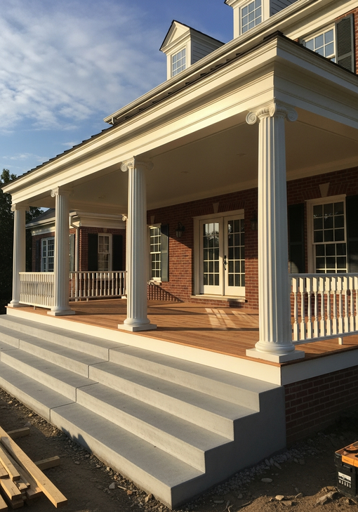 Brick house front porch with white columns, railings, and wide front steps in sunlight