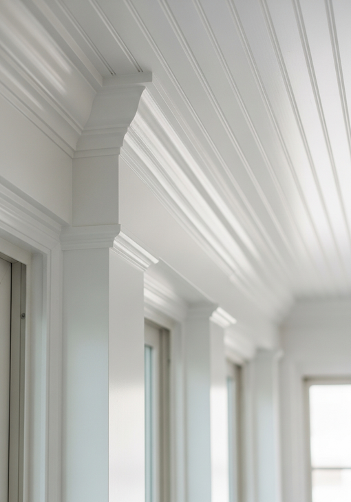 Bright white interior ceiling with decorative molding and tall windows along a hallway