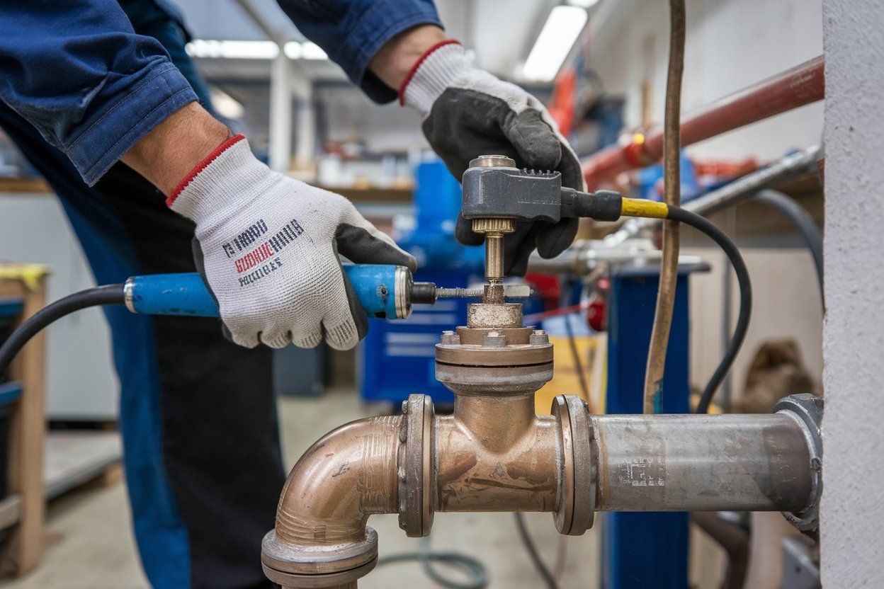 A man wearing gloves is working on a pipe.