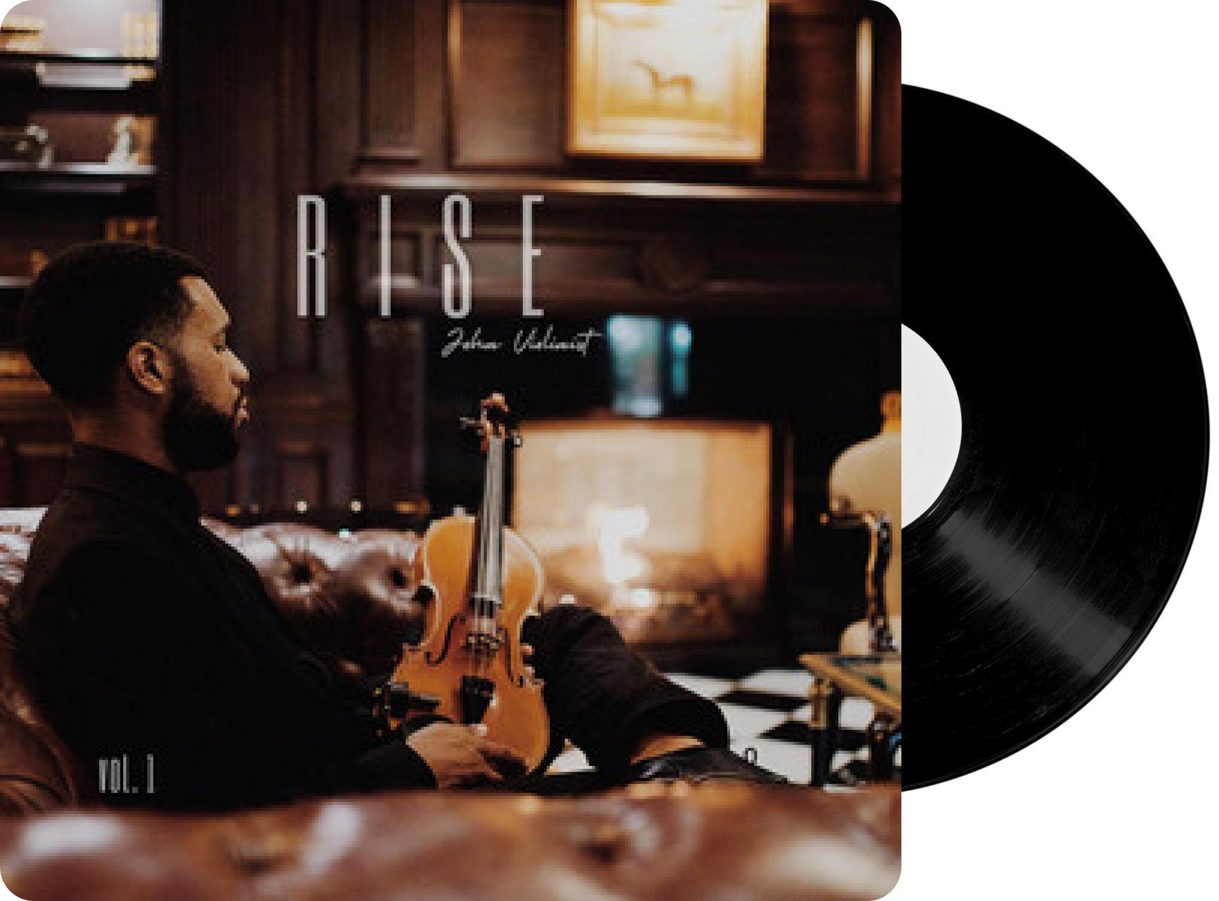 A man is sitting on a couch playing a violin and the album cover says rise