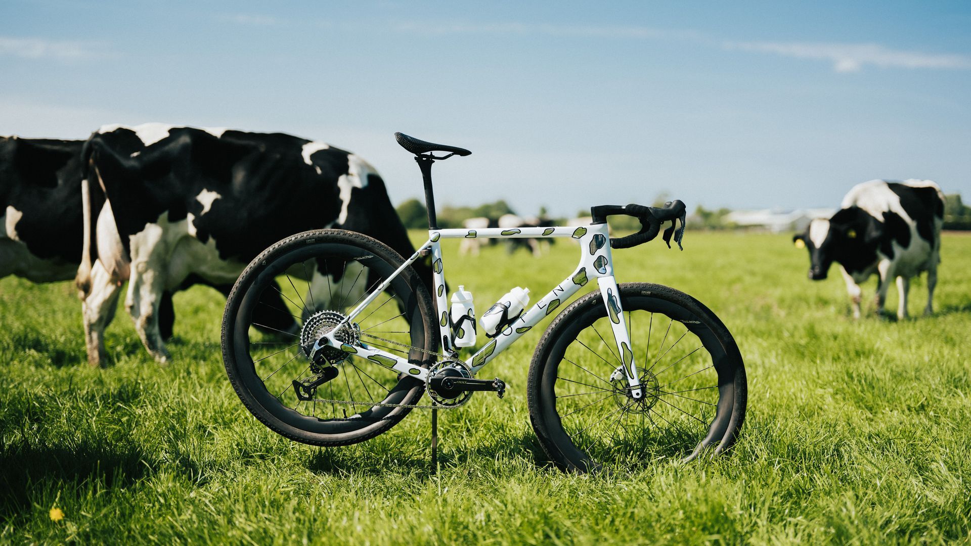 Triathlete on white Tri bike with Tailwind Wheels in aero position on a road. Wearing helmet, black jersey, black shorts, coastal setting.