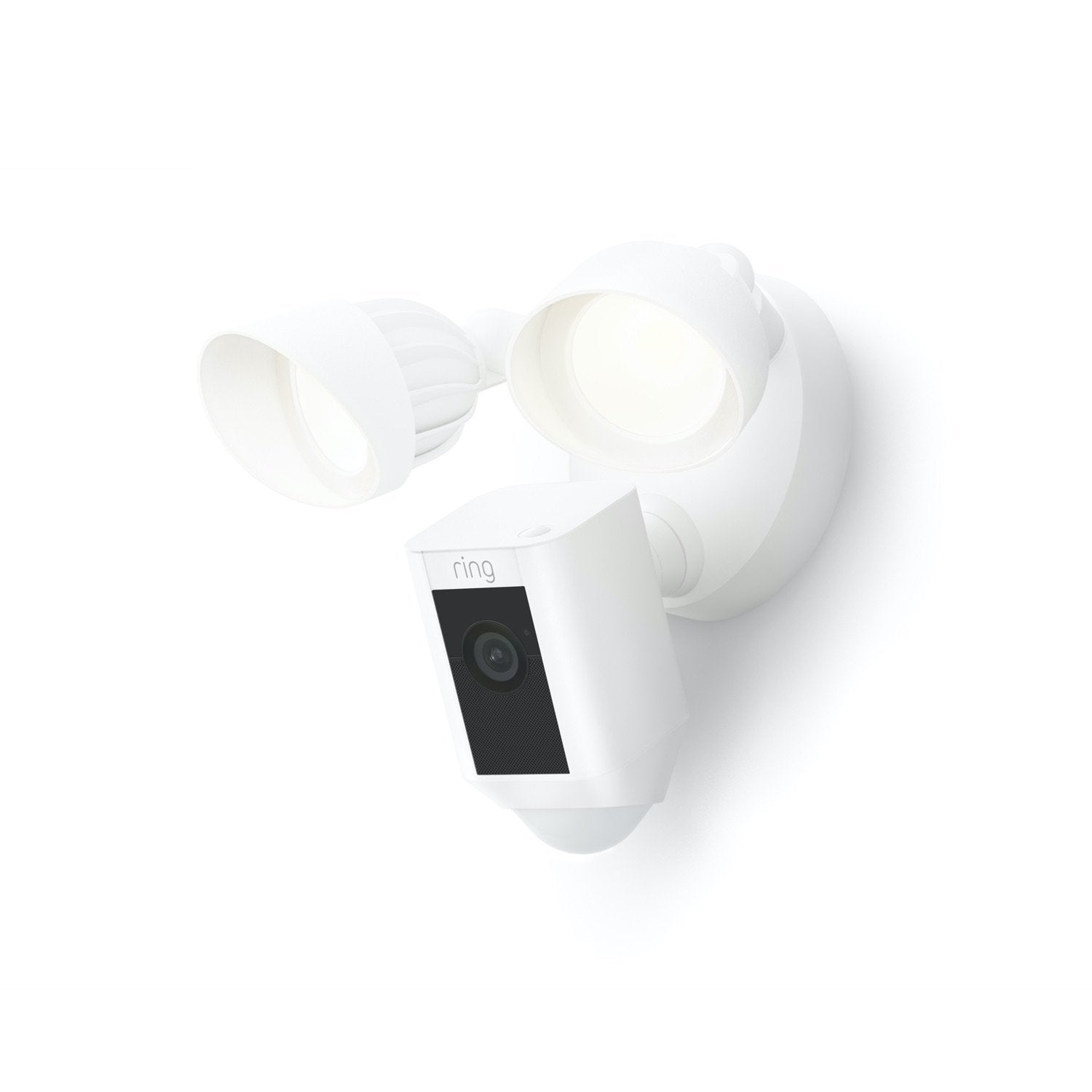 White Ring floodlight camera mounted on a white wall, with two adjustable lights and a camera below.