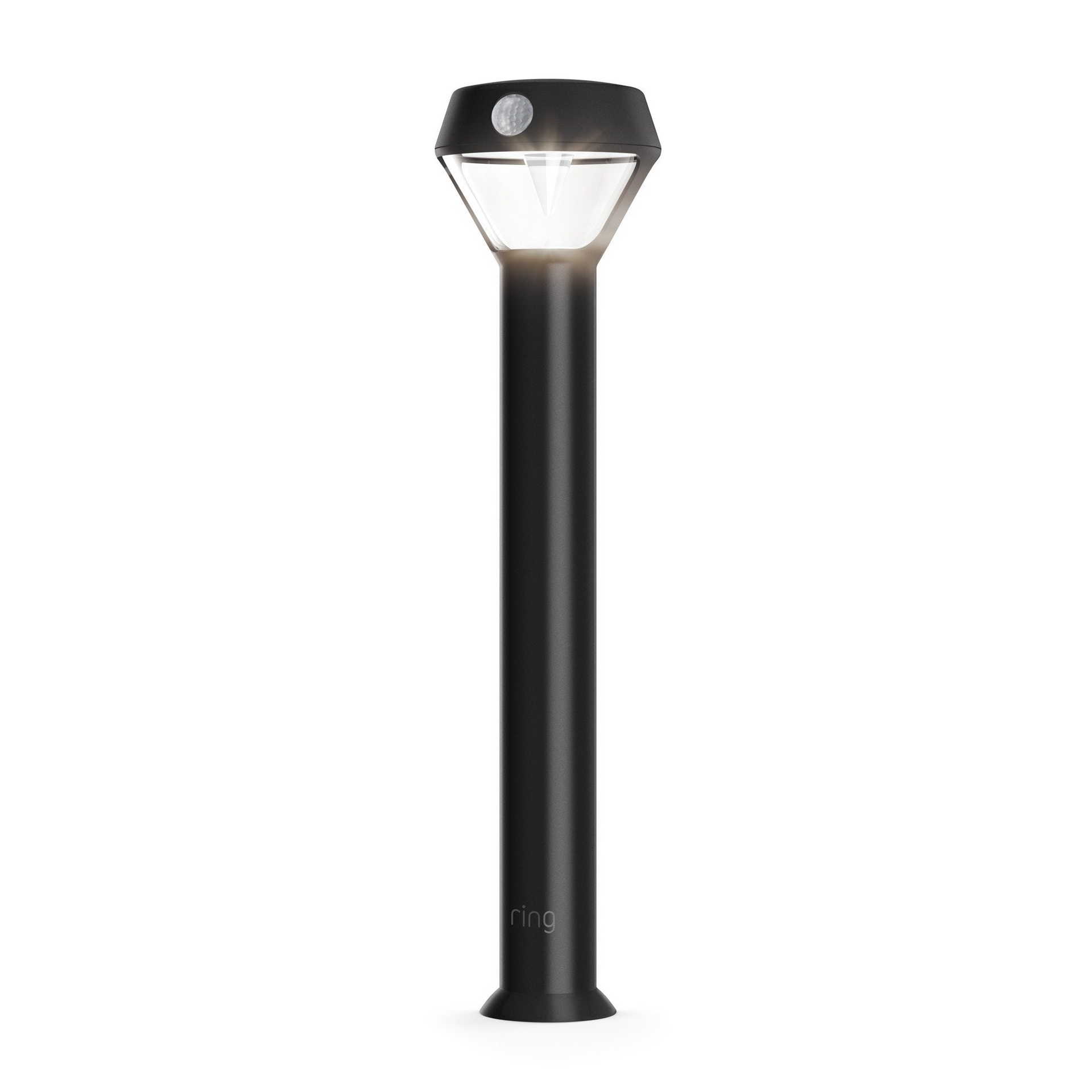 Black outdoor solar-powered bollard light with a motion sensor on top.