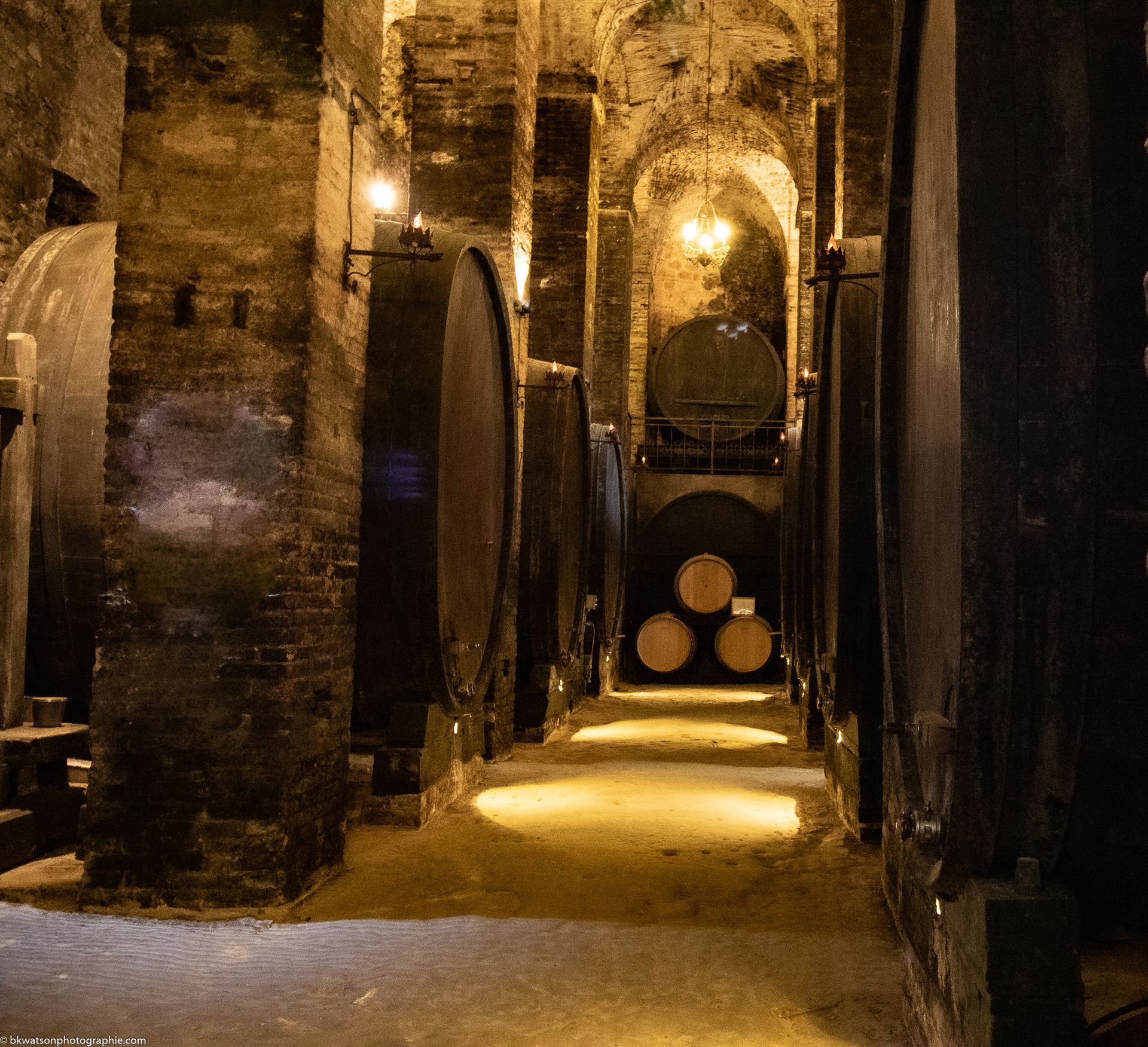 Wine cellar with large wooden barrels, brick pillars, and low lighting.