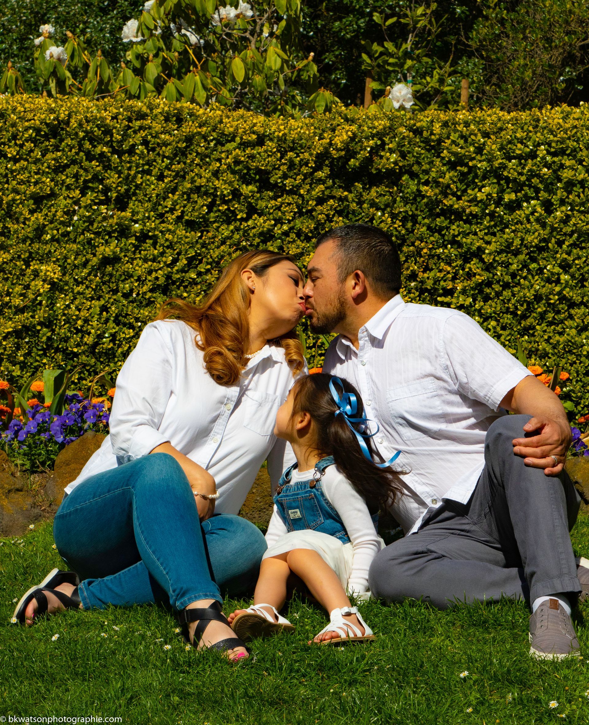 Family of three kissing on grass, with a hedge background.