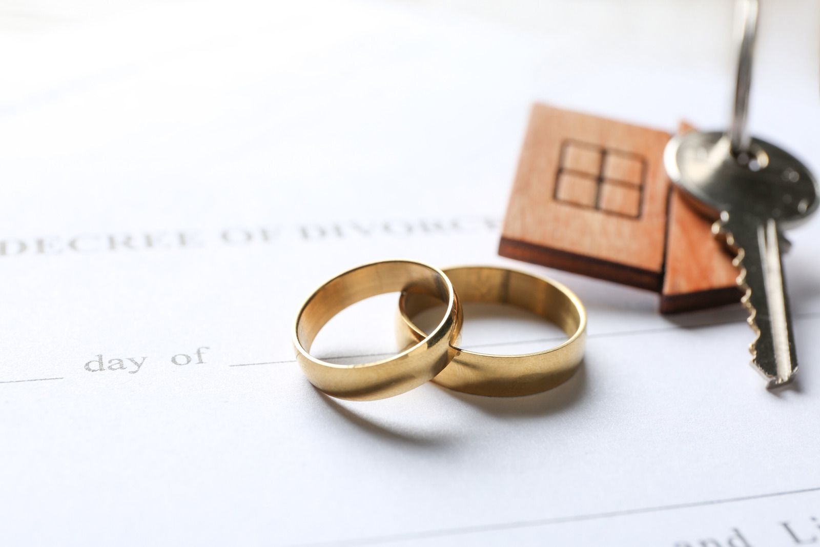 A couple of wedding rings sitting on top of a declaration of divorce