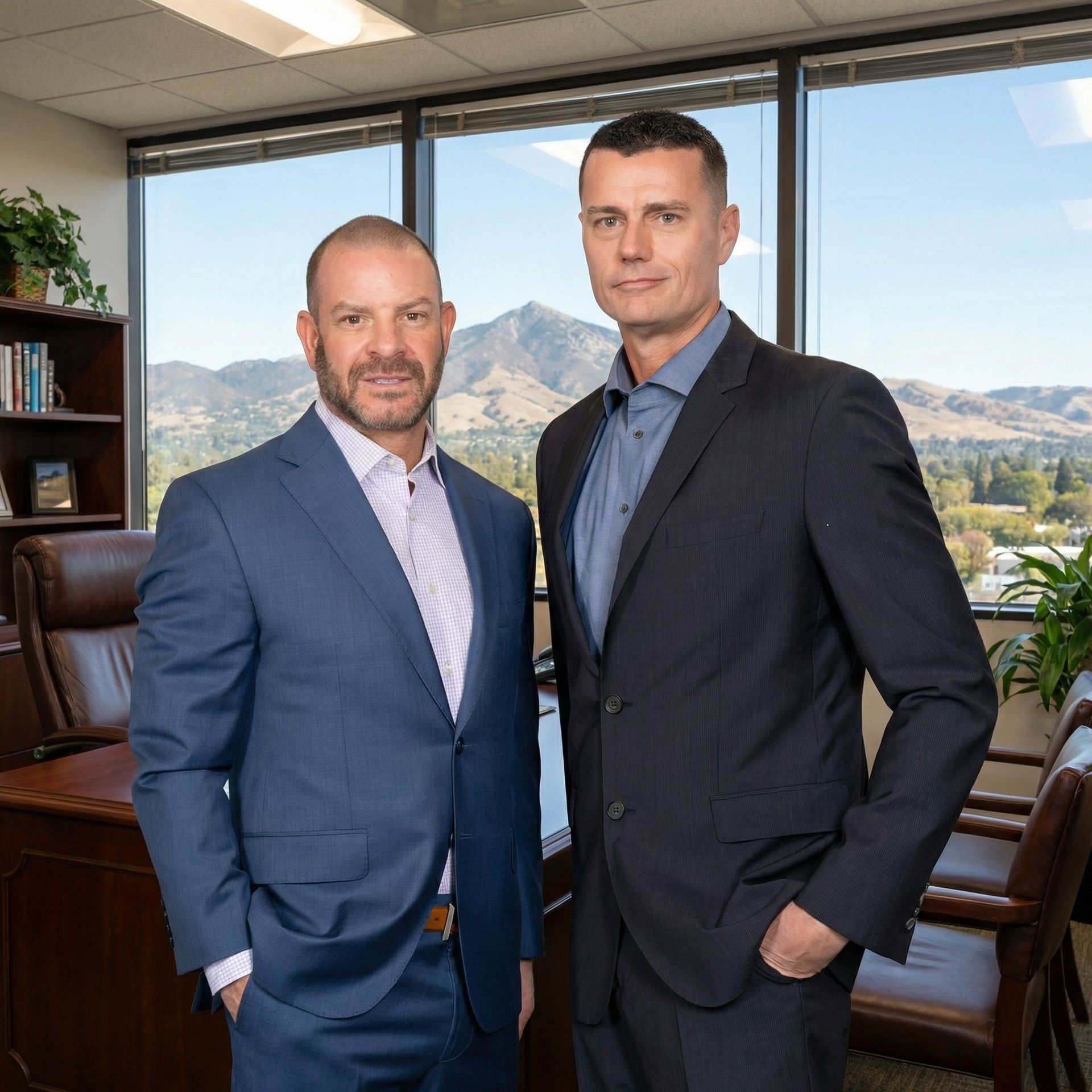 Two men in suits standing in an office with mountains visible through the window.