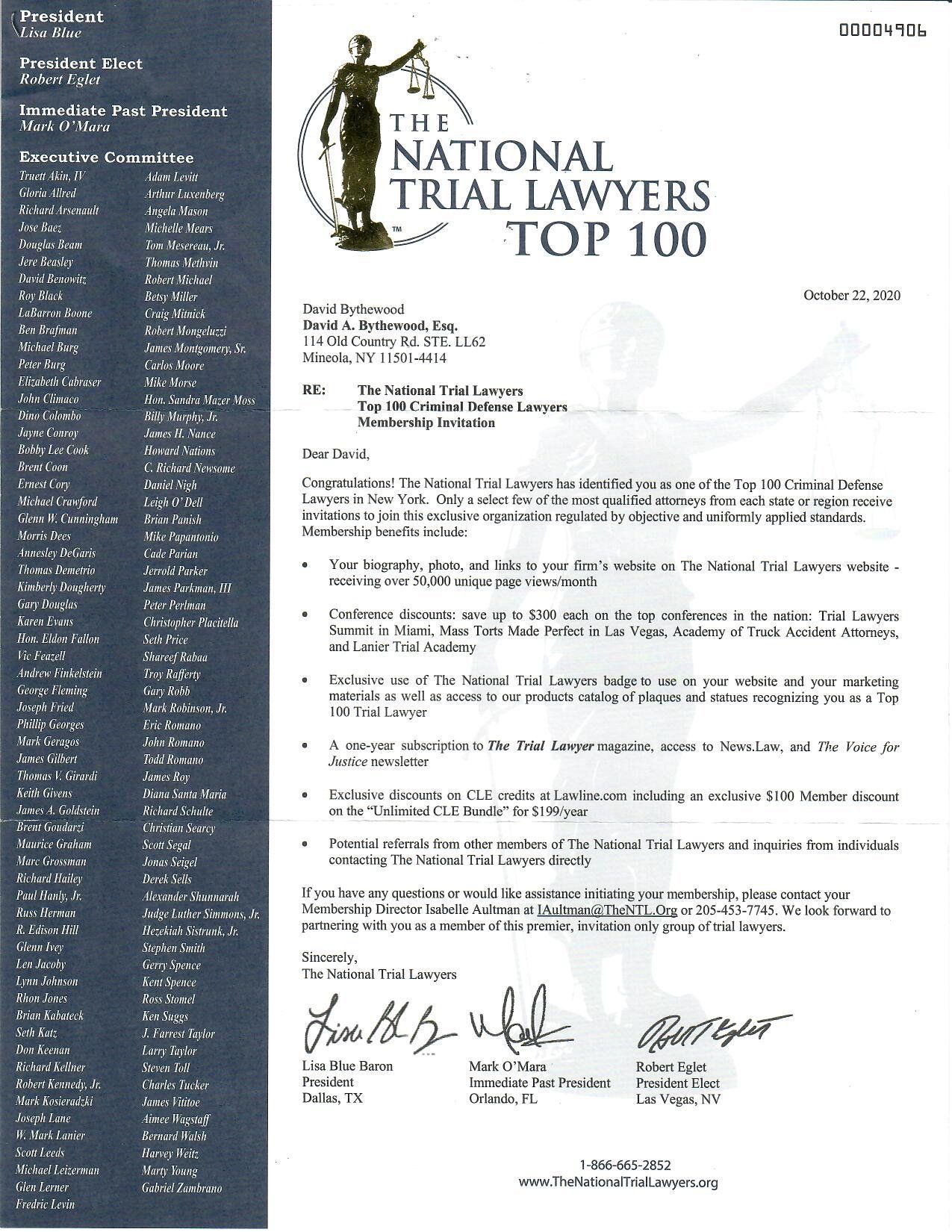 A letter from the national trial lawyers top 100