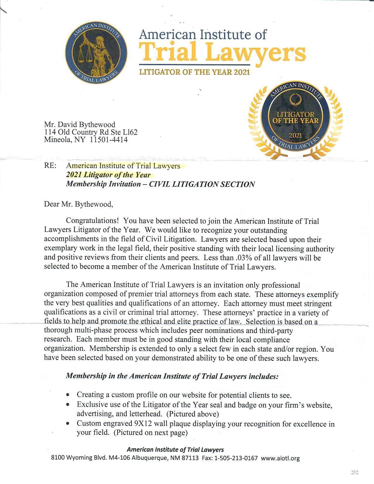 It is a letter from the american institute of trial lawyers.