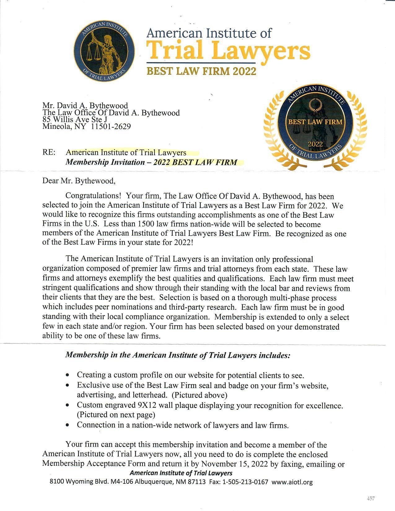 A letter from the american institute of trial lawyers.