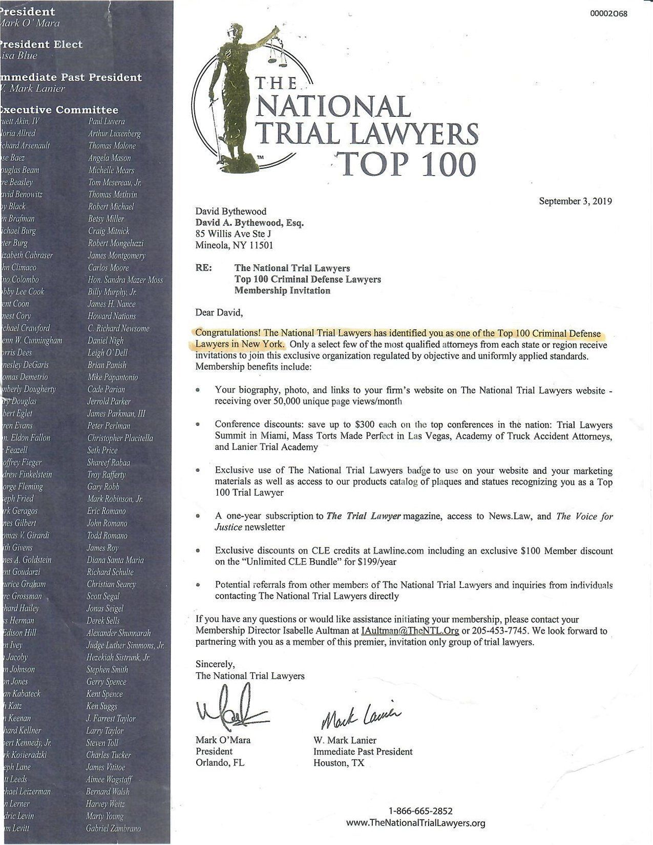 A letter from the national trial lawyers top 100