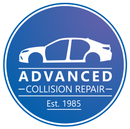 Blue circle logo with white car silhouette and text: "ADVANCED COLLISION REPAIR" "Est. 1985".