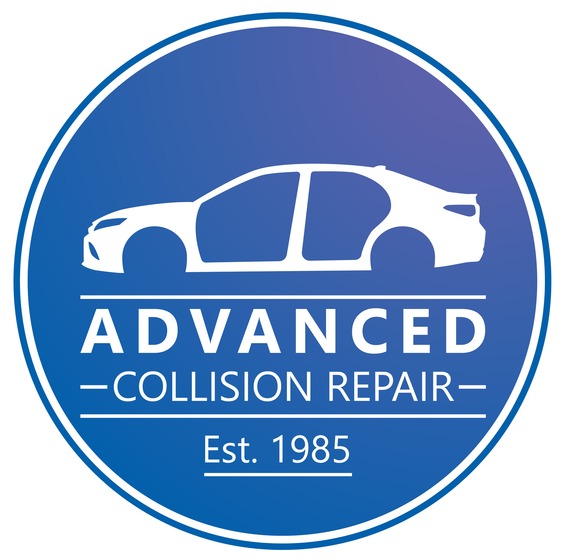 Blue circle logo with white car silhouette and text: "ADVANCED COLLISION REPAIR" "Est. 1985".