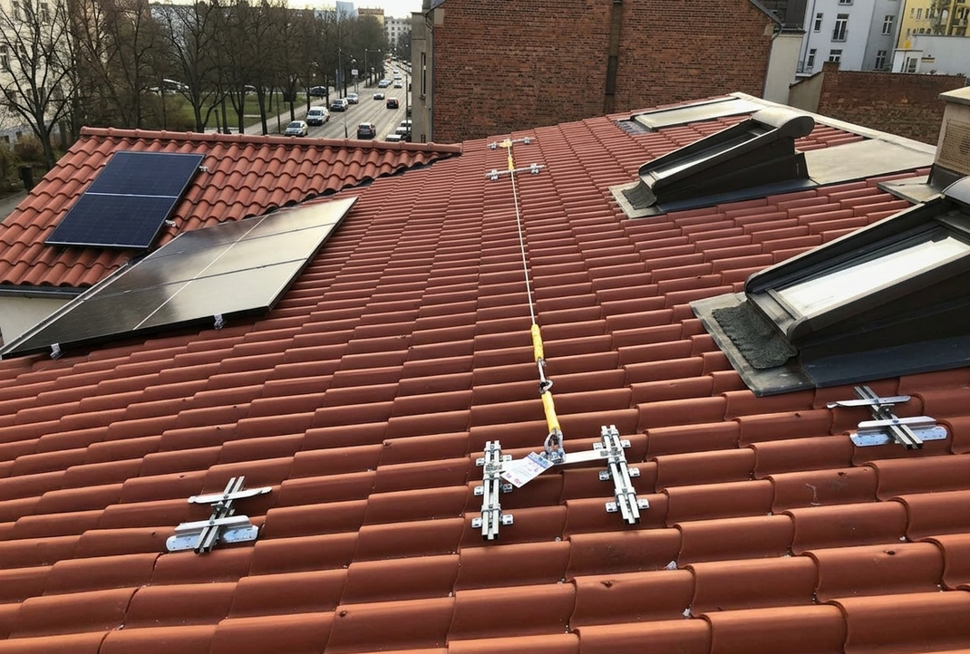 Un tetto di tegole rosse con pannelli solari, un lucernario e diversi ganci di sicurezza in metallo installati sulla superficie.