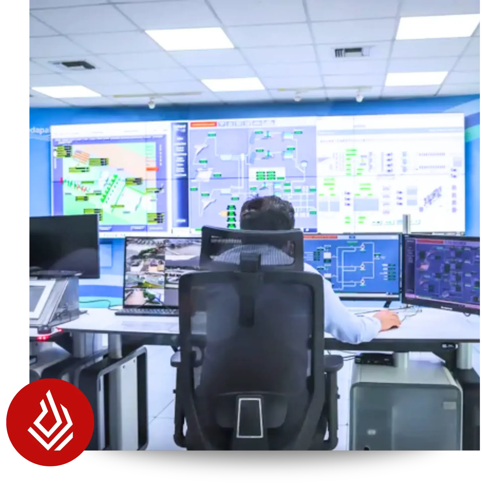 An operator sitting at a desk in a control room, facing multiple large screens displaying maps and complex data monitors