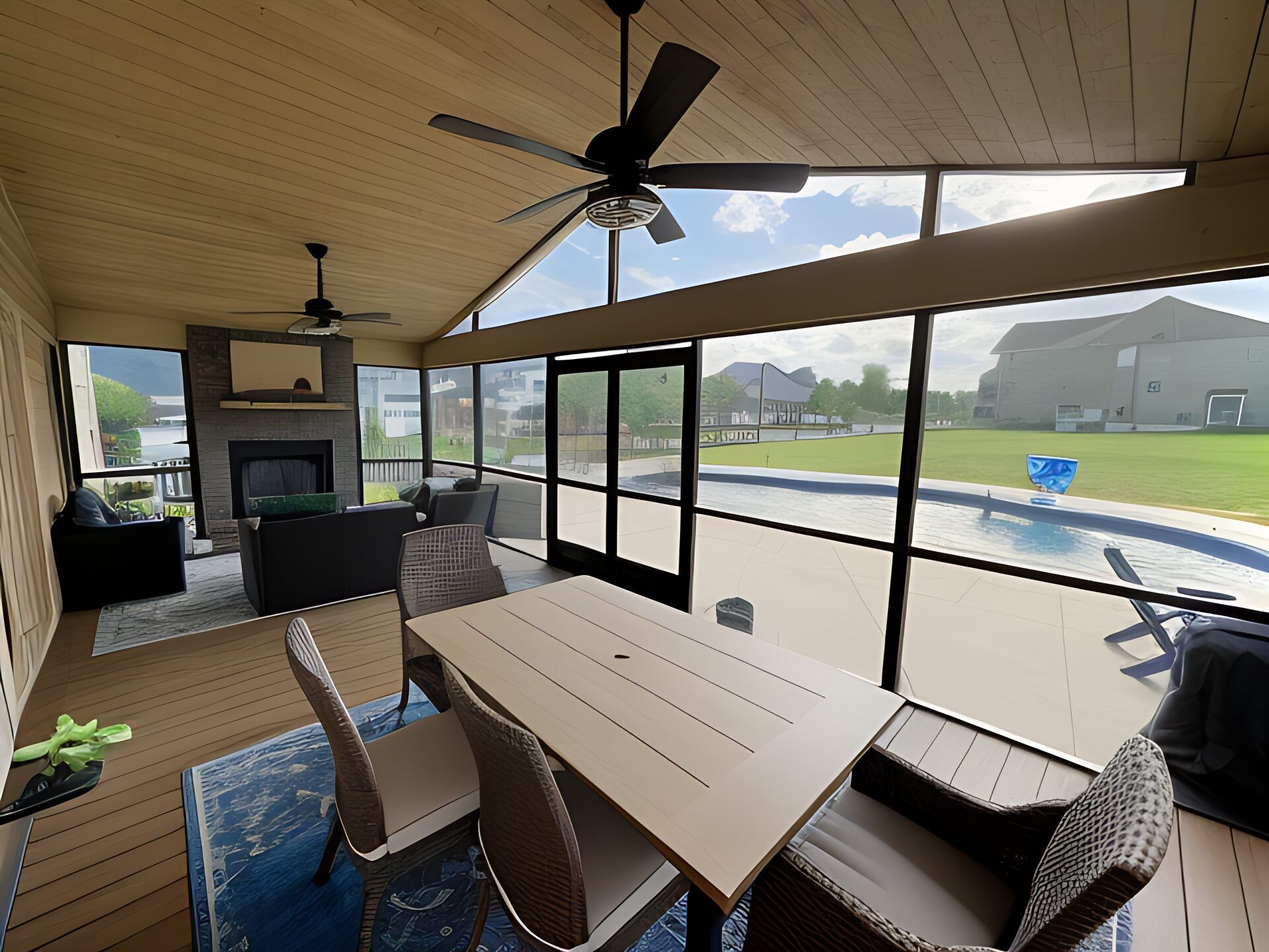 Covered patio with dining table, wicker chairs, ceiling fan, and a pool view beyond glass doors