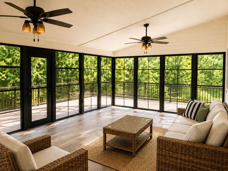 Bright sunroom with black-framed windows, wicker sofa and chair, and two ceiling fans overlooking greenery