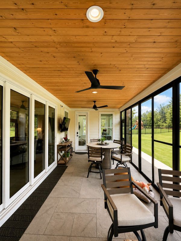 Covered patio with wood ceiling, glass doors, seating, and a view of a grassy yard